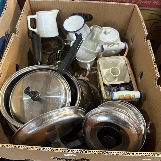 Box lot lidded pots, arcopal ramekins, cream bottle, vintage enamelware funnel etc.