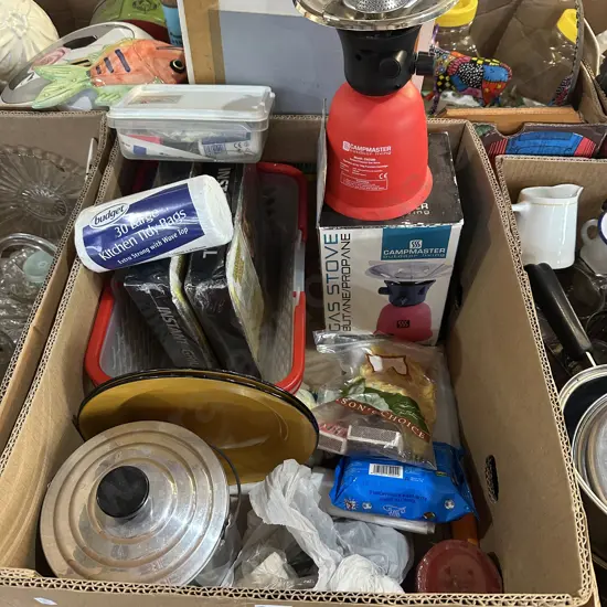 Box lot Butane gas stove, kitchen tidy bags, first aid kit, baskets etc.