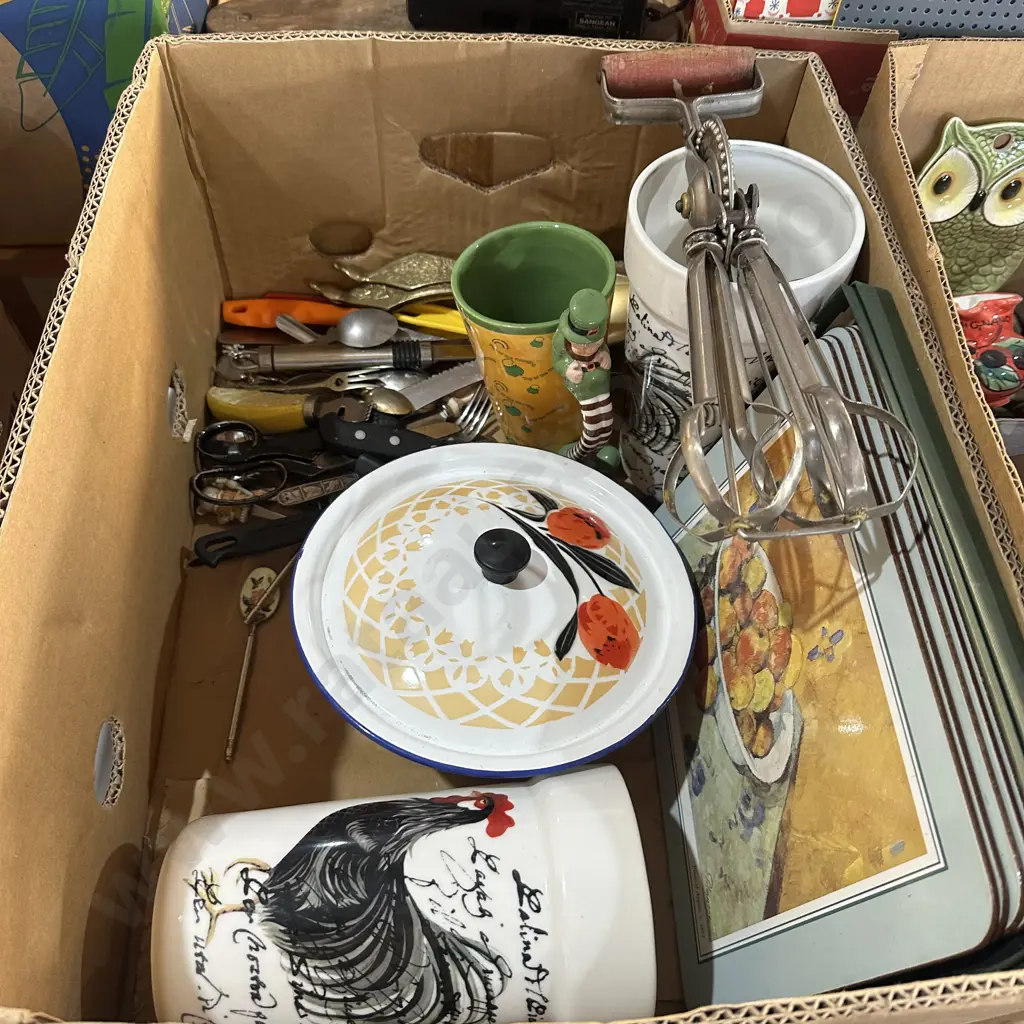 Box lot vintage egg beater, utensils and cutlery etc. Image 1++