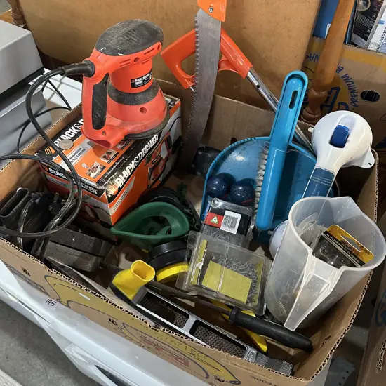 Box lot B&D sander, pruning saw, galvanised nails and staples, massage balls, measuring jug etc.