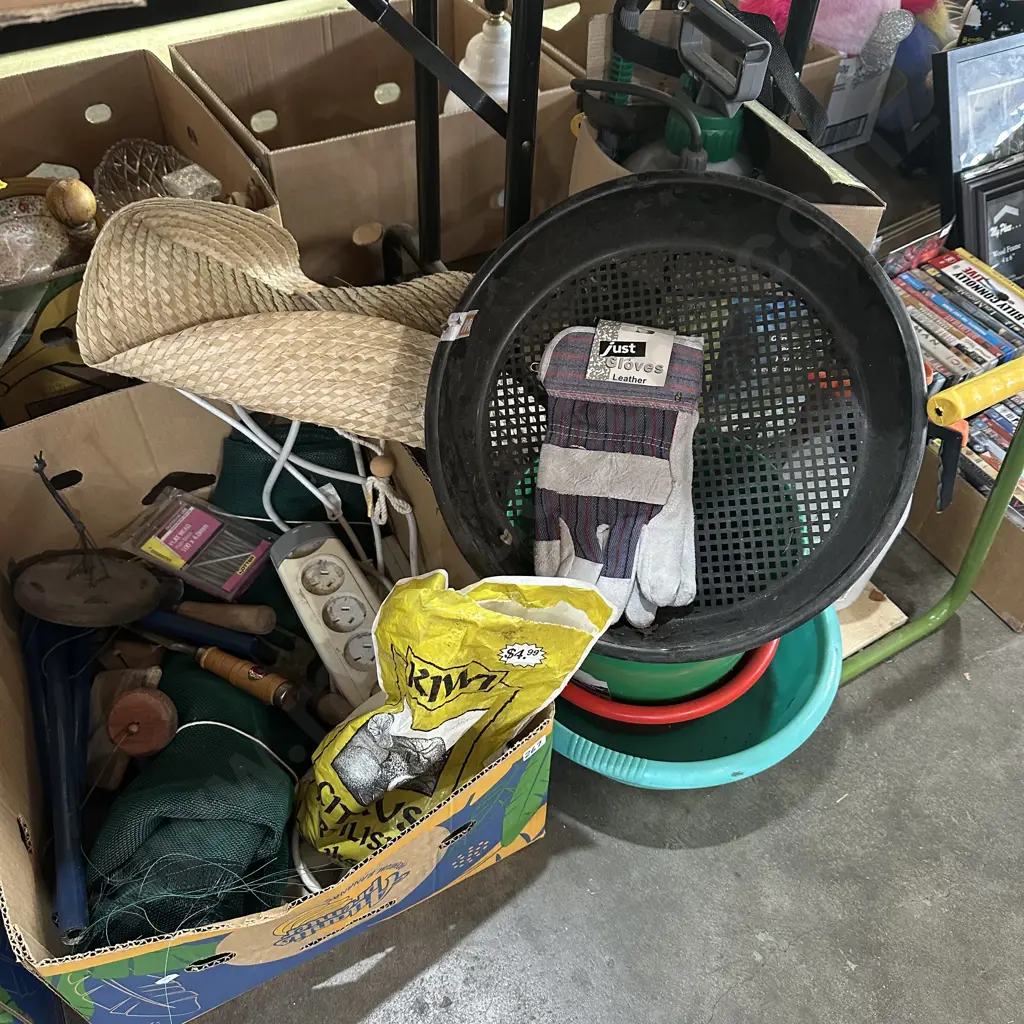 Bay lot of gardening sprayer, kneeler, shade cloth, wind chimes, nails, new leather gloves etc. Image 1++