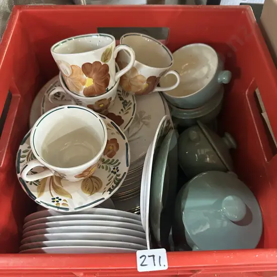 Bin of Denby, woods plus German dinnerware etc.