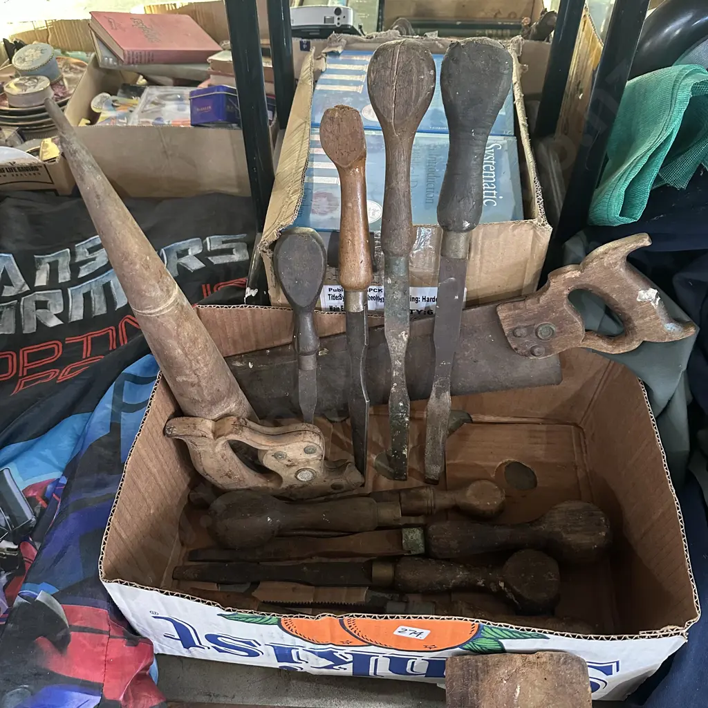 Box lot of old tools plus Systematic Theology books. Image 1++