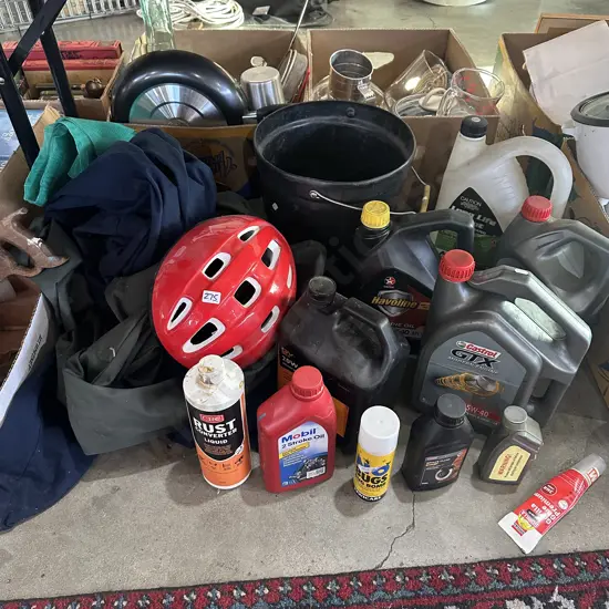 Bay lot oils, coolant, rust converter ,bucket, overalls and bike helmet etc.