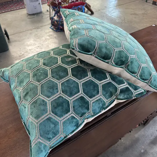 Pr of Designer Guild fabric cushions by LITTLE & FOX, large feather inners