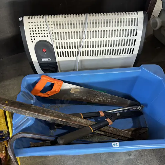 bin of tools and waratahs  plus heater