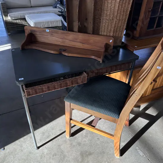 metal desk with wicker drawers plus chair