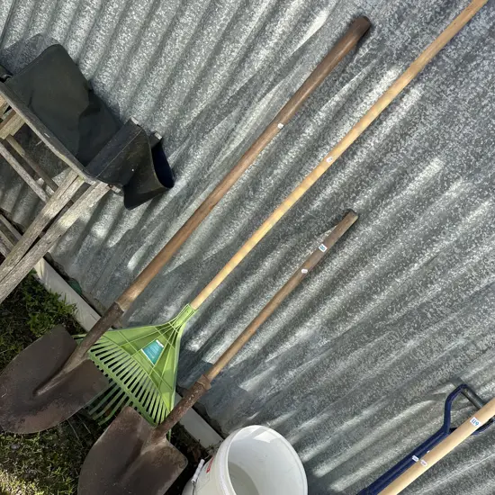 2 shovels and wide rake