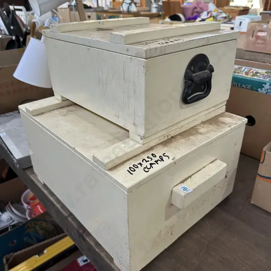 2 old school painted wooden storage boxes - solid