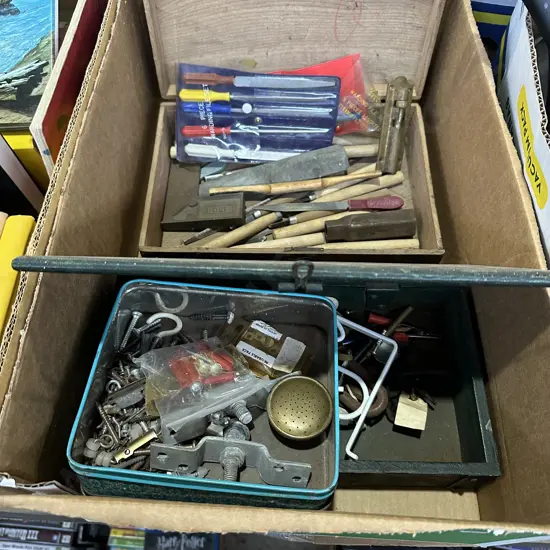 woodworking tools, small brass watercan head etc