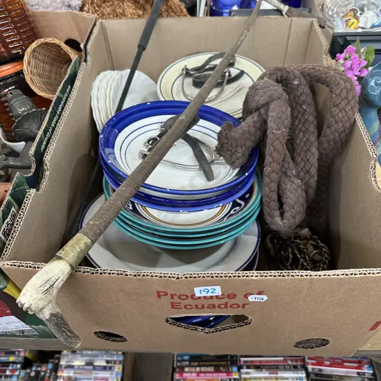 kitchenware, horse whips etc