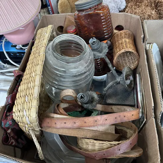 vintage jars, Brass wall lamp etc