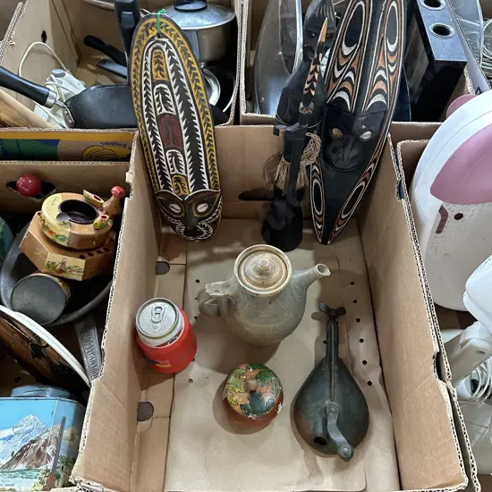 masks, antique bean slicer etc