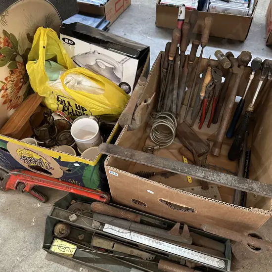 2 boxes, tools, large wrench, iron, tables clothes etc