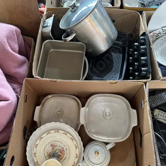 2 box casseroles and bunnykins, stock pot, bakeware etc