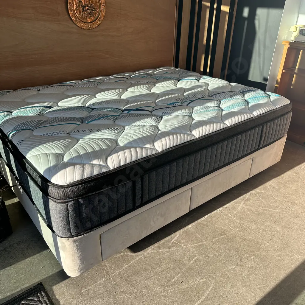 Very tidy Queen size bed on storage drawer base & headboard Image 1++