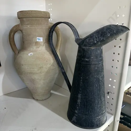 pottery urn and tin vase
