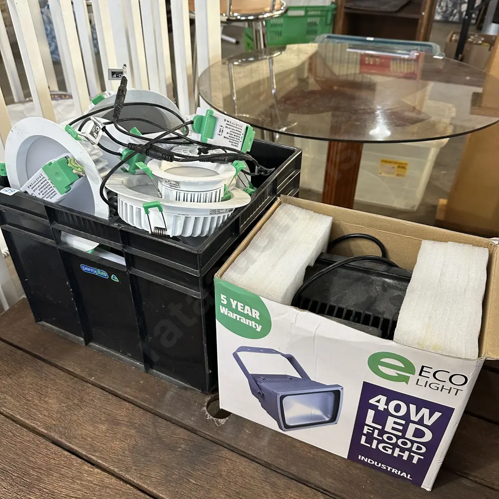 boxed floodlight and bin of down lights Image 1++