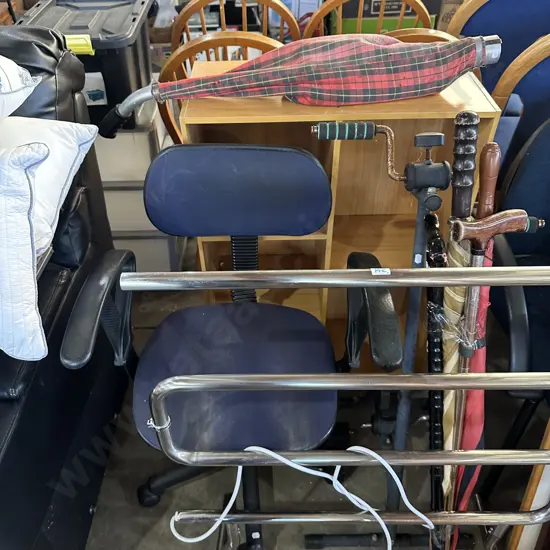 towel rail, office chair, cubes, golf shag bag (full), walking sticks etc