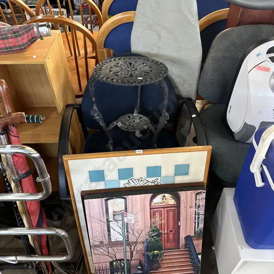 pictures, broken side table, office chair, ironboard, 2 office chairs