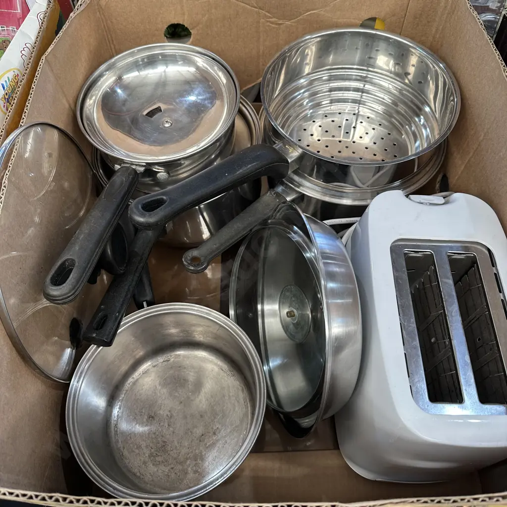 Box lot lidded copper bottom pots and toaster etc. Image 1++