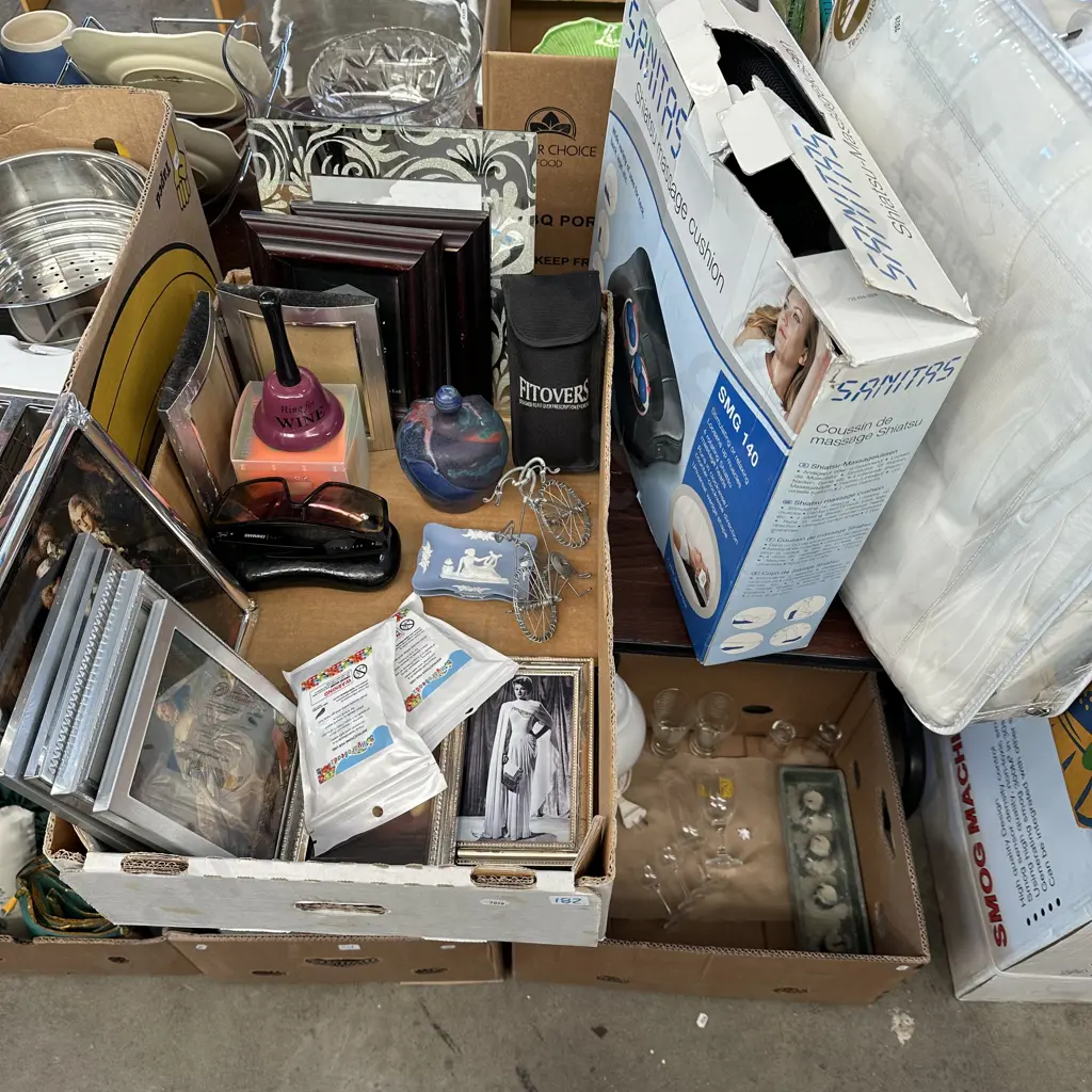 Box lot picture frames, bell, massage cushion and good electric blanket etc. Image 1++