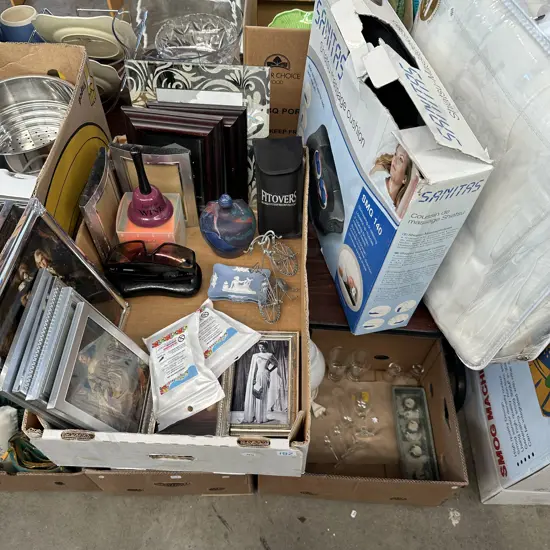 Box lot picture frames, bell, massage cushion and good electric blanket etc.