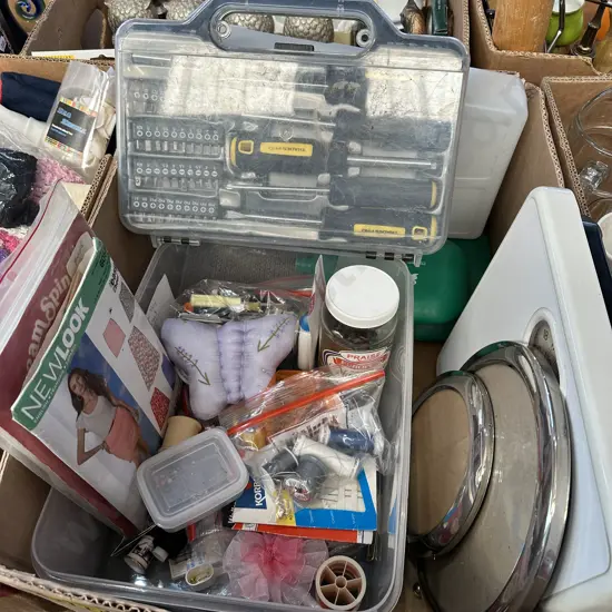 Box lot screwdriver and bit set, scales, picture frames and sewing kit etc.