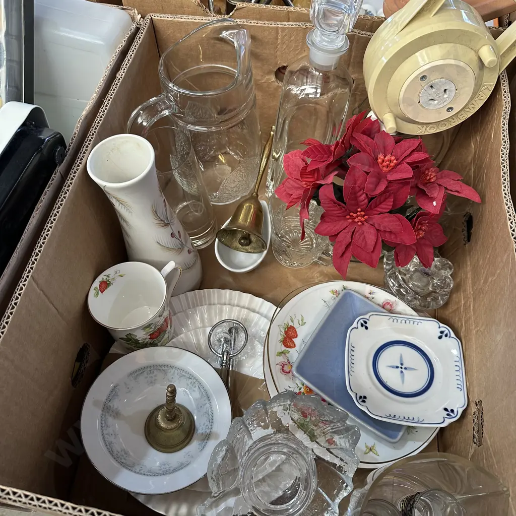 Box lot glass and dinnerware plus two brass bells etc. Image 1++