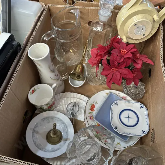 Box lot glass and dinnerware plus two brass bells etc.