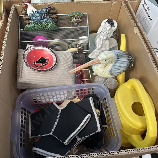 Box lot wheat pack, angel figure, vintage cast iron menu holder, ankle support braces etc.