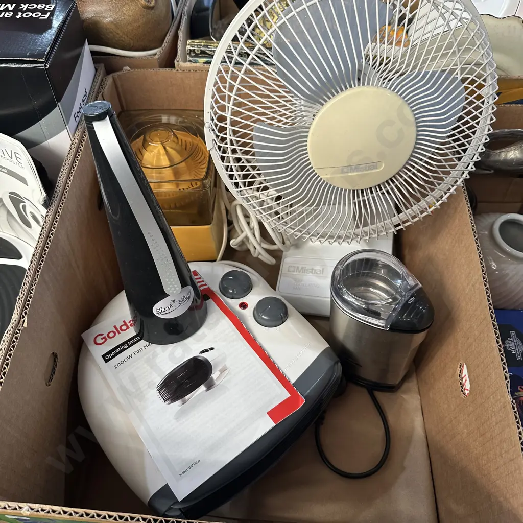 Box lot Breville coffee grinder, fan and fan heater, shoo away etc. Image 1++