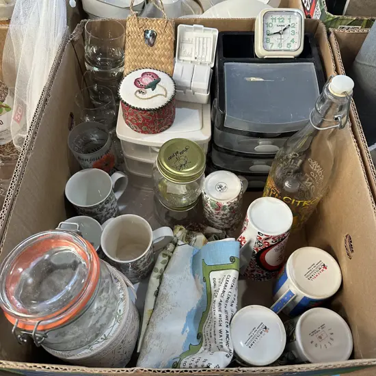 Box lot two hobby drawers, vintage tea towels, clock etc.