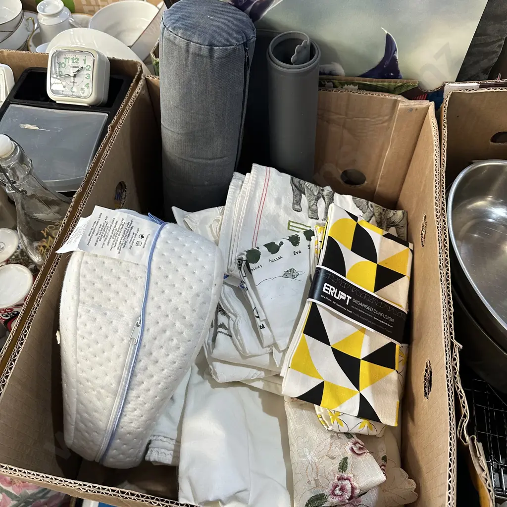 Box lot leg pillow, vintage tea towels etc. Image 1++