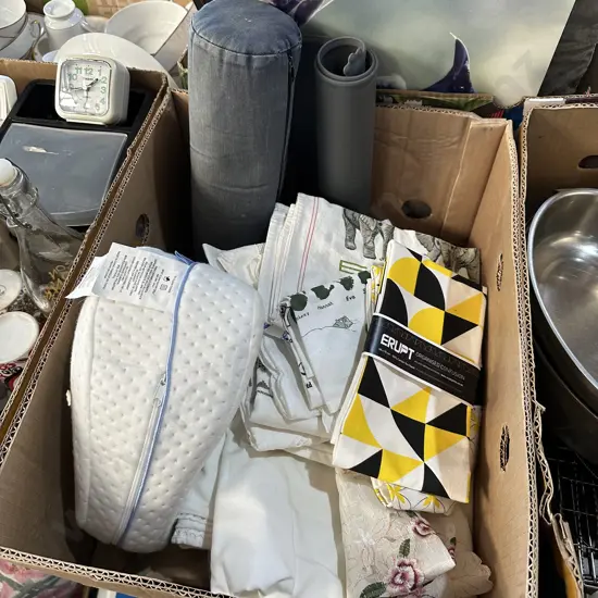 Box lot leg pillow, vintage tea towels etc.
