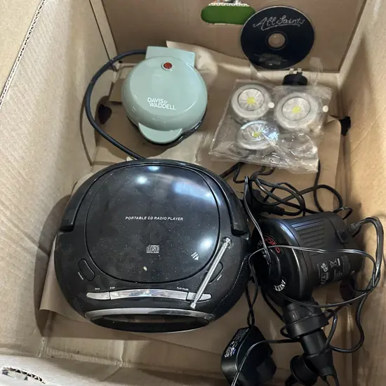 Box lot portable CD/Radio, air bed pump and touch lights etc.