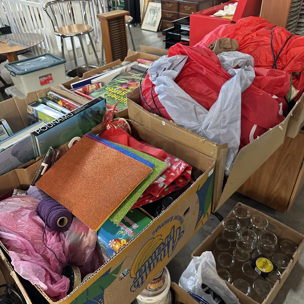 Two boxes craft and christmas items including blow up decorations. Image 1++