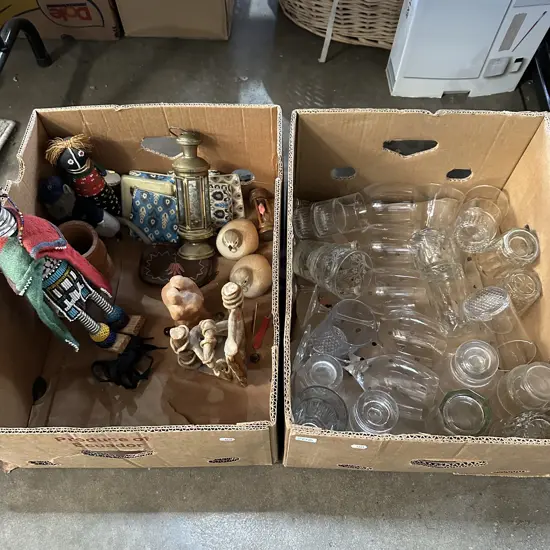 Two boxes glassware, pottery, vintage candle lantern etc.