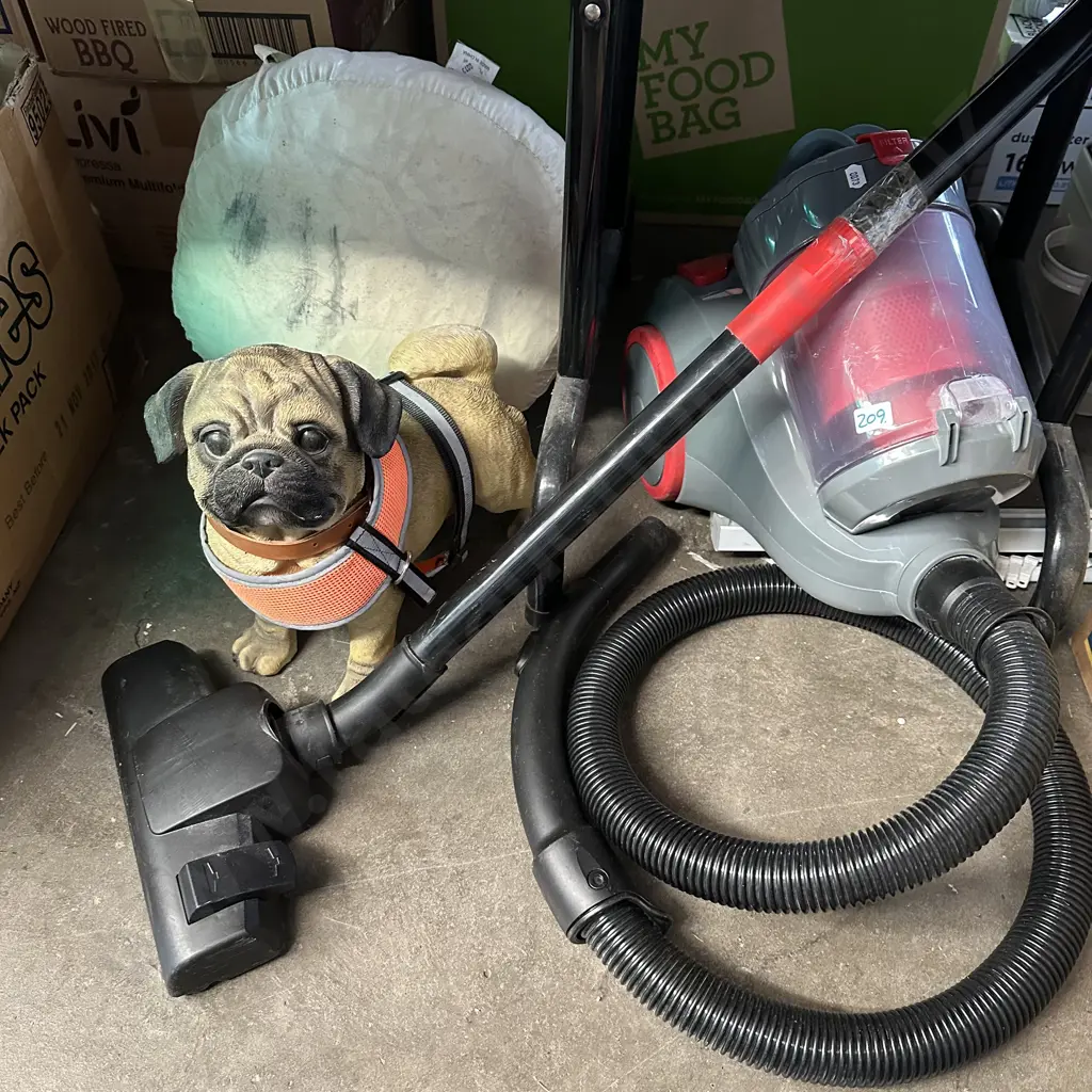 Vacuum cleaner, car cover and pug dog statue with walking harness. Image 1++