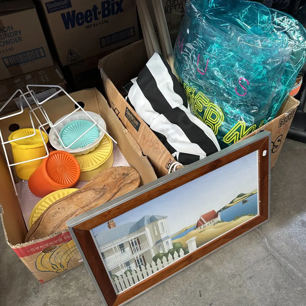 Two boxes vintage tupperware and plate stand, blow up pool float etc. Image 1++