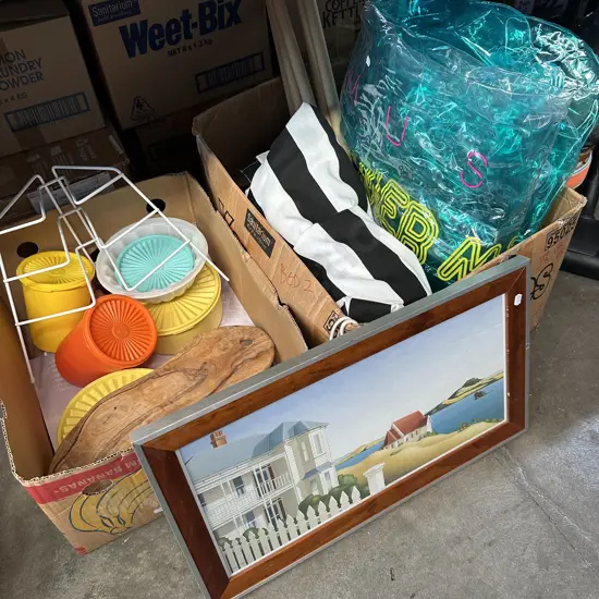 Two boxes vintage tupperware and plate stand, blow up pool float etc.