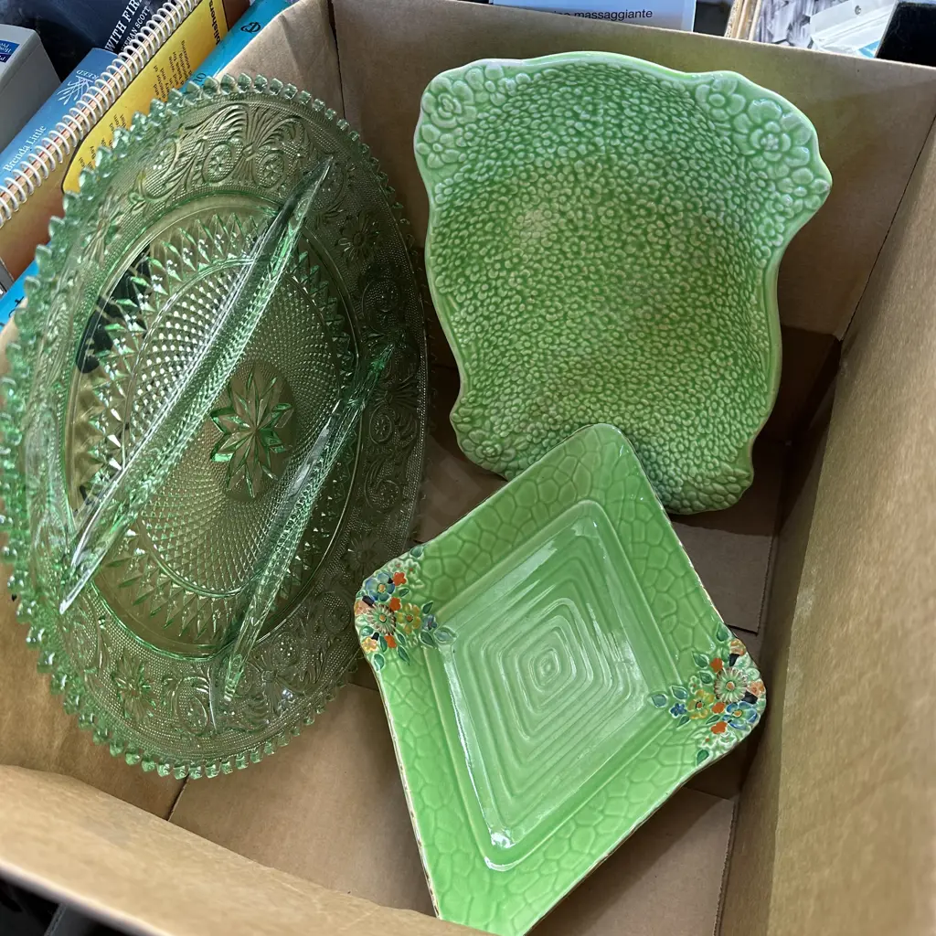 Box lot english plates and green glass server. Image 1++
