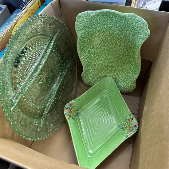 Box lot english plates and green glass server.