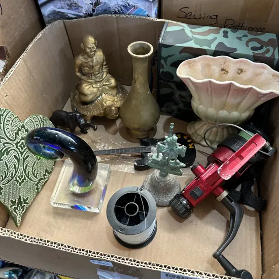Box lot Koru art glass, vintage fluted vase, bronze bell with patina and brass vase etc.