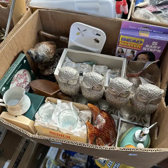 Box lot wooden scoop, owl art, vintage quail figurine and glassware etc.