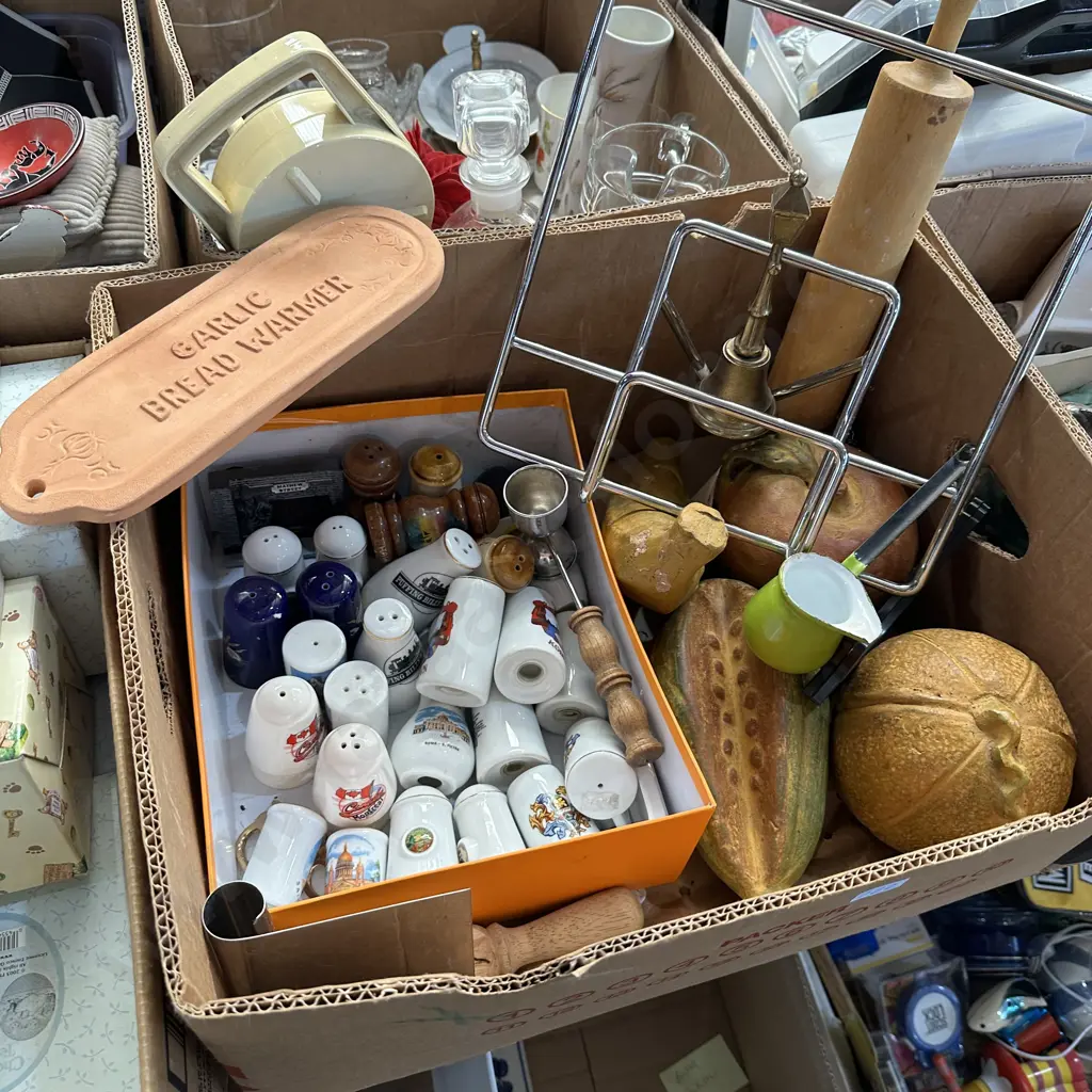 Box lot chrome cookbook holder, enamelware Turkish coffee pot, solid brass bell, salt & pepper collection etc. Image 1++