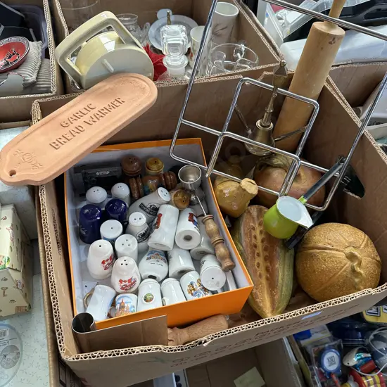 Box lot chrome cookbook holder, enamelware Turkish coffee pot, solid brass bell, salt & pepper collection etc.