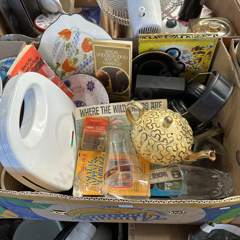 Box lot of books, glassware, ear muffs, collectable plates etc. Image 1++