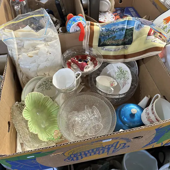Box lot Limoges, crystal ware, dooleys etc.
