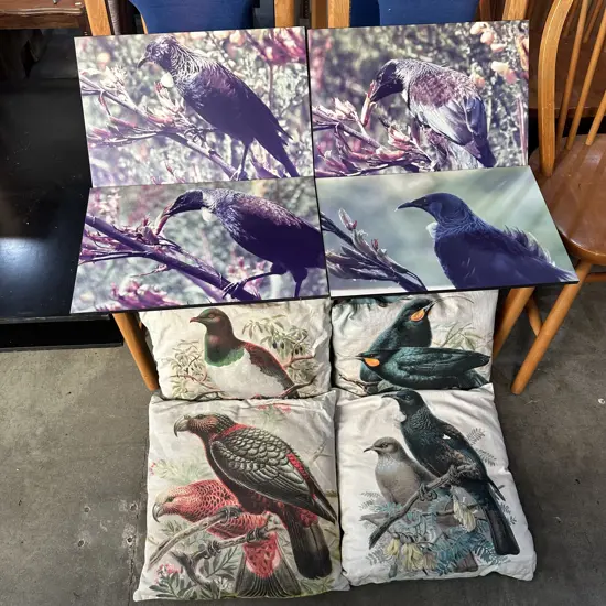 Four Tui pictures and four bird cushions.